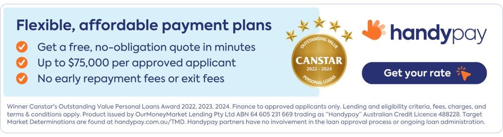 Handypay flexible payment plans — Canstar Outstanding Value Personal Loans 2022–2024. Get a free no-obligation quote in minutes, up to $75,000 per approved applicant, no early repayment or exit fees.